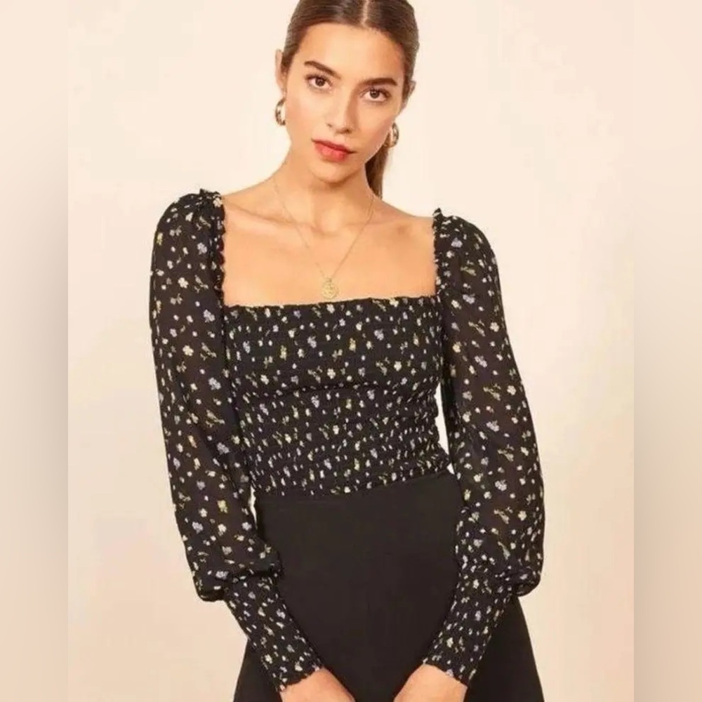 Reformation black floral smocked long sleeve blouse. Size M. Great condition!
